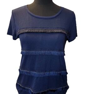 White House Black Market Navy Blue Shortsleeved Top, Tassels, Size Small